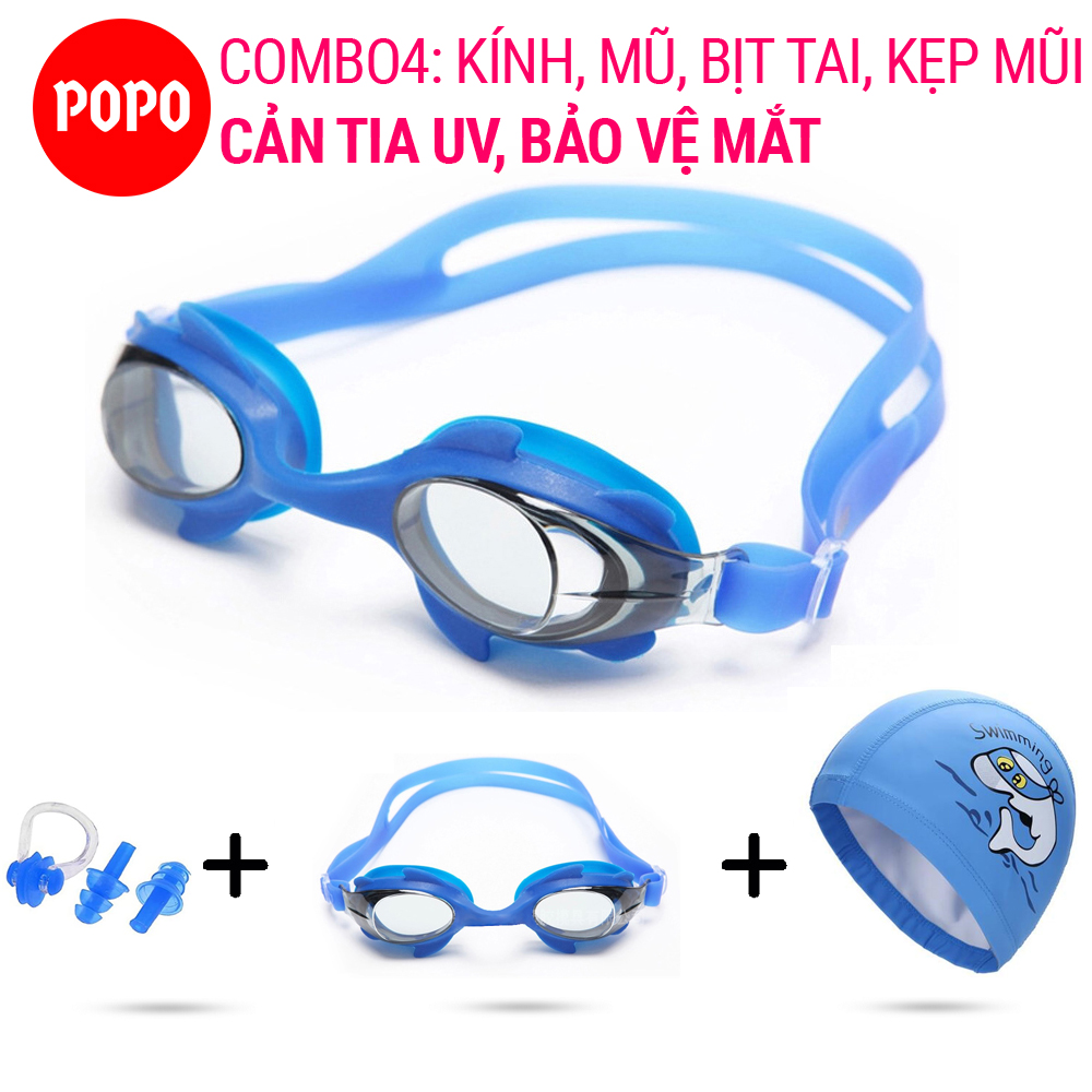 Kính bơi trẻ em, kính bơi cho bé kèm Mũ bơi cho bé hình ngộ nghĩnh, Bịt tai kẹp mũi POPO SET1580 mắt kiếng bơi cho bé chống tia UV, chống sương mờ