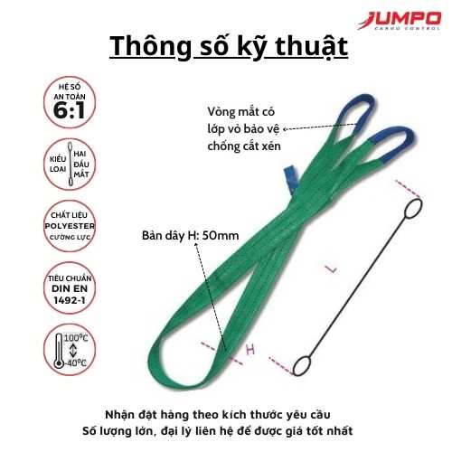 Dây cáp vải cẩu hàng dẹp 2 đầu mắt 2 tấn  6:1
