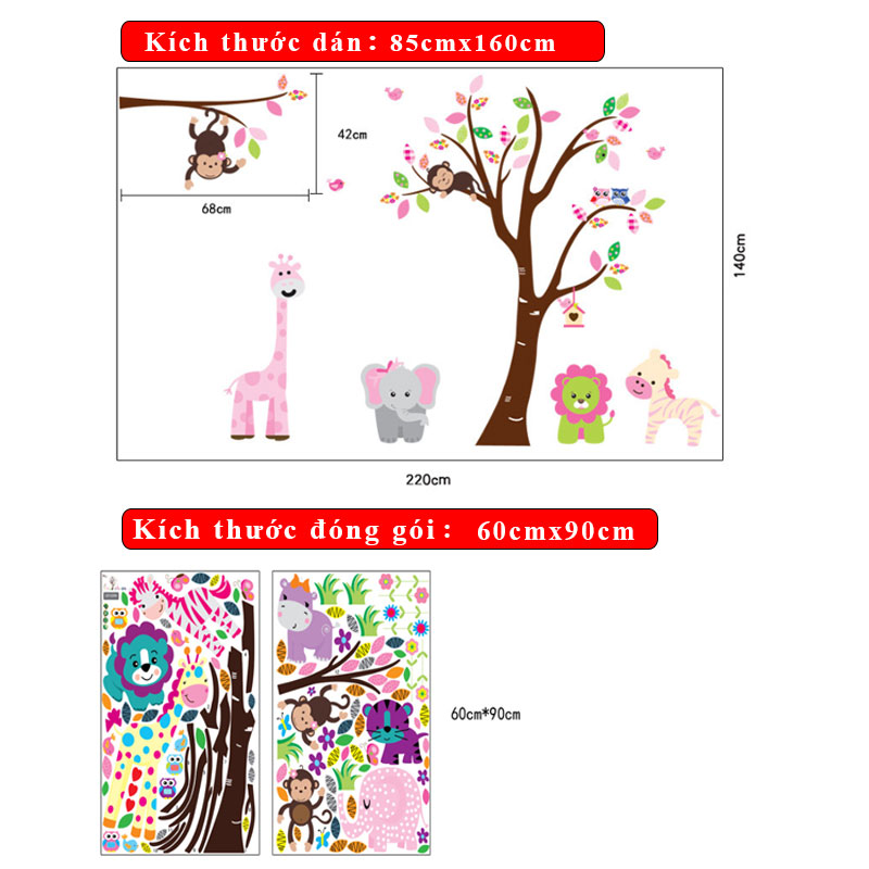 (Size lớn)Decal dán tường VUI CÙNG KHỈ CON HPMDF5099 Sticker Tranh Dán Tường -- Decal dán tường cho bé - Decal dán tường động vật