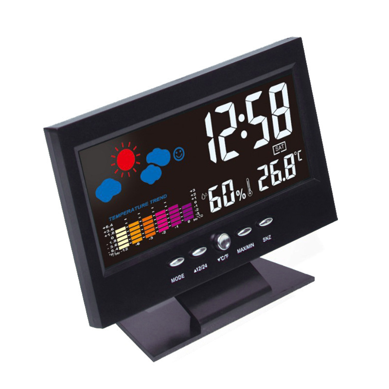 Perual Temperature and Humidity Color Screen Clock Large Screen Voice Control Weather Forecast Bell LCD Backlight 8082T Voice Control Weather Station Cloc