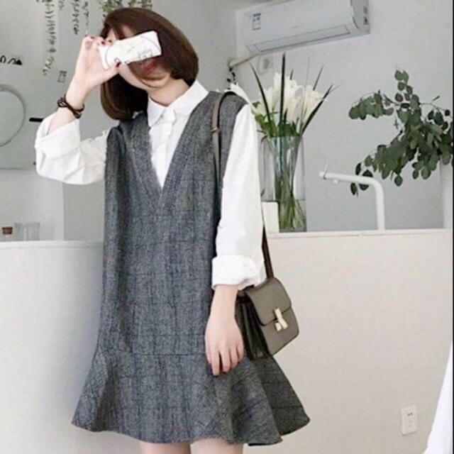 Đầm kẻ xám phối trắng