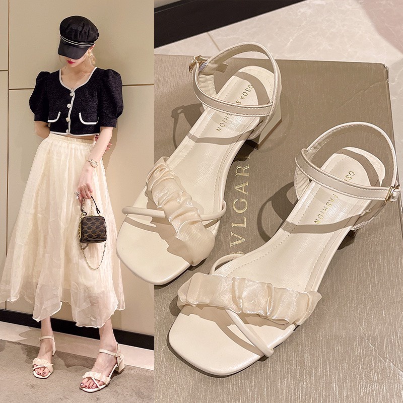 Giày sandal cao gót size 35-43 ntts70 nữ đê vuông 3.5p màu đen, trắng sang chảnh, quý phái