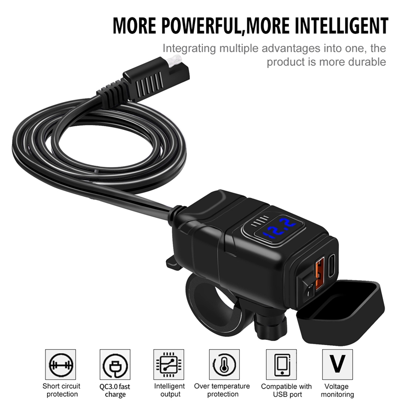 Powstation QC3.0 Motorcycle USB+Type-C Charger Waterproof Cell Quick Charger Autocycle USB Socket with Voltmeter