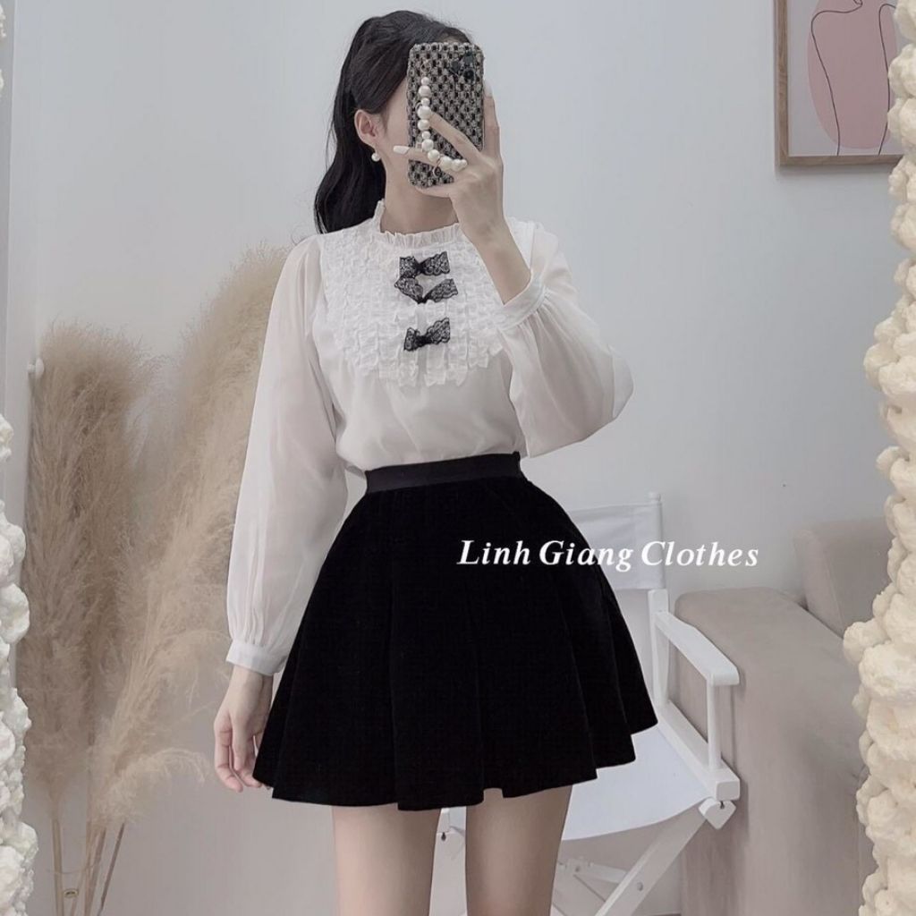 Set chân váy xếp ly kèm áo sơ mi vải lụa
