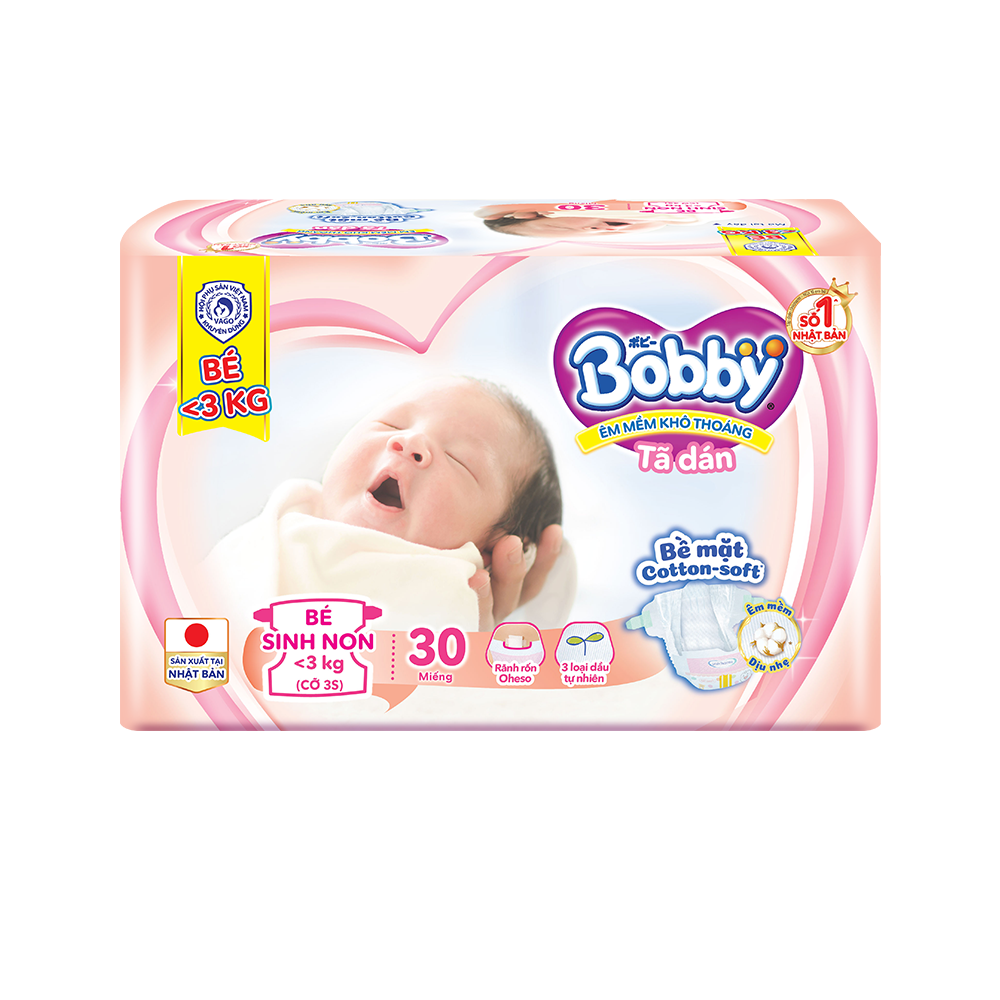 Tã dán Bobby 3S cho bé sinh non, nhẹ cân <3kg -30 miếng