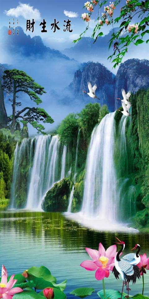 Tranh thác nước 3D dán tường phòng khách, phòng làm việc