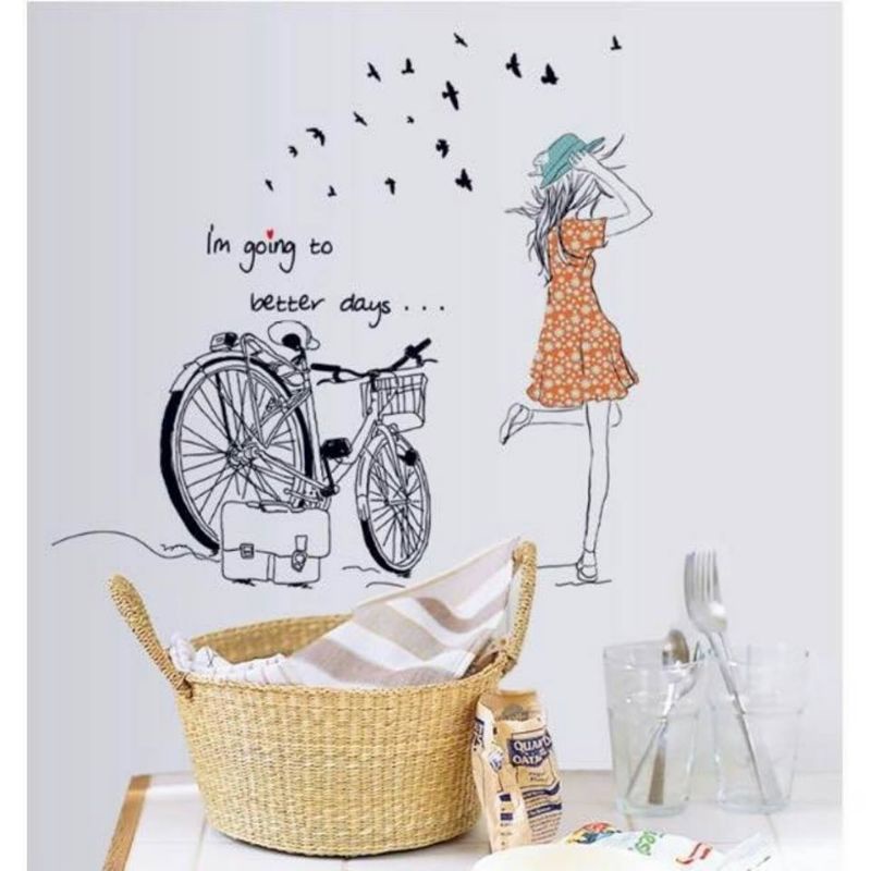Decal dán tường cô gái xe đạp và hoa pha lê tím( tranh ghép)