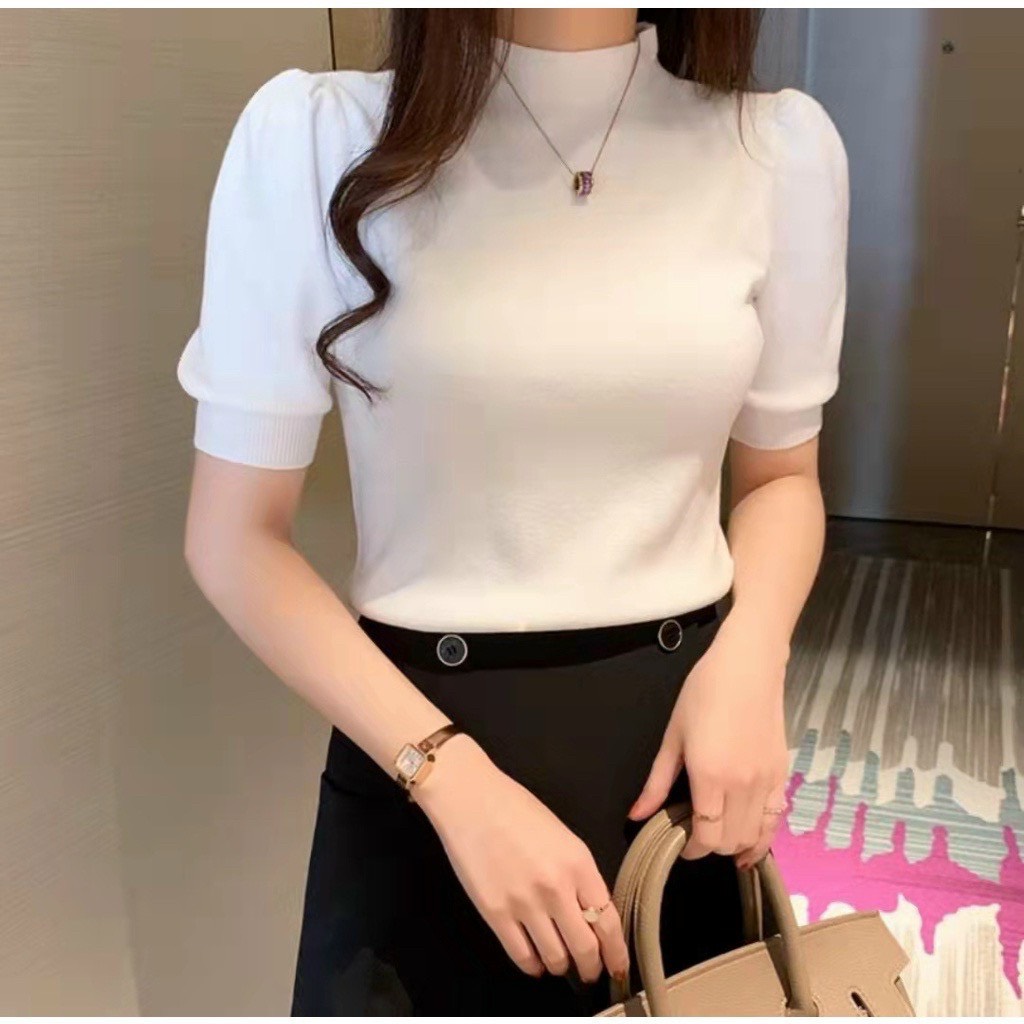 Croptop tay ngắn thun gân, cổ lọ cao , tay phồng, áo thun gân cổ lọ tay lở đủ màu