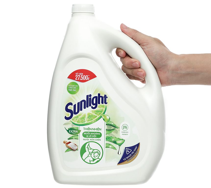 Nước rửa chén Sunlight thiên nhiên muối khoáng và lô hội an toàn cho chén dĩa trẻ em can 3.6lít