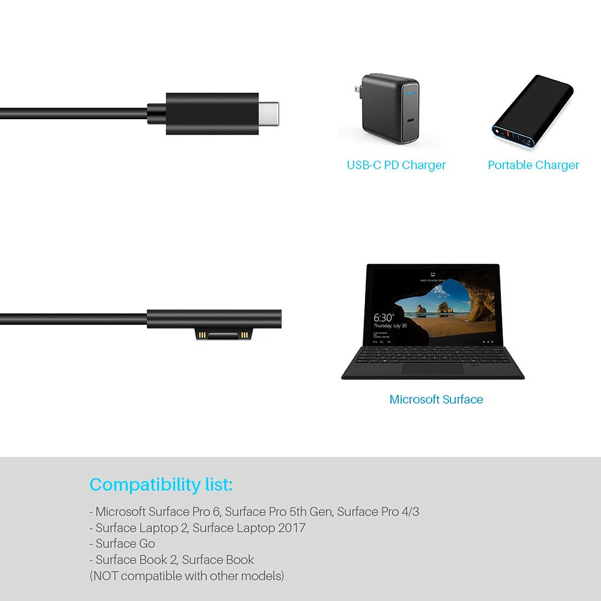 Cáp sạc nhanh PD Type C to Surface Pro 3 4 5 6 7 8 9 Surface Go Surface Book 1 2 Laptop 15V 65W 102W Microsoft