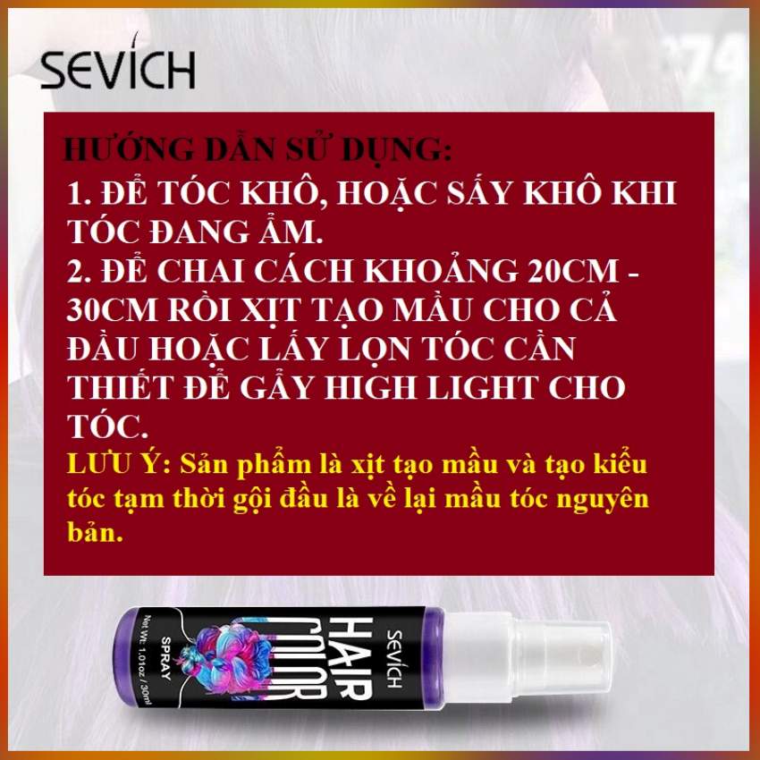 Keo xịt tóc đổi màu tạm thời SEVICH 30ml/chai 08 mầu chọn lựa