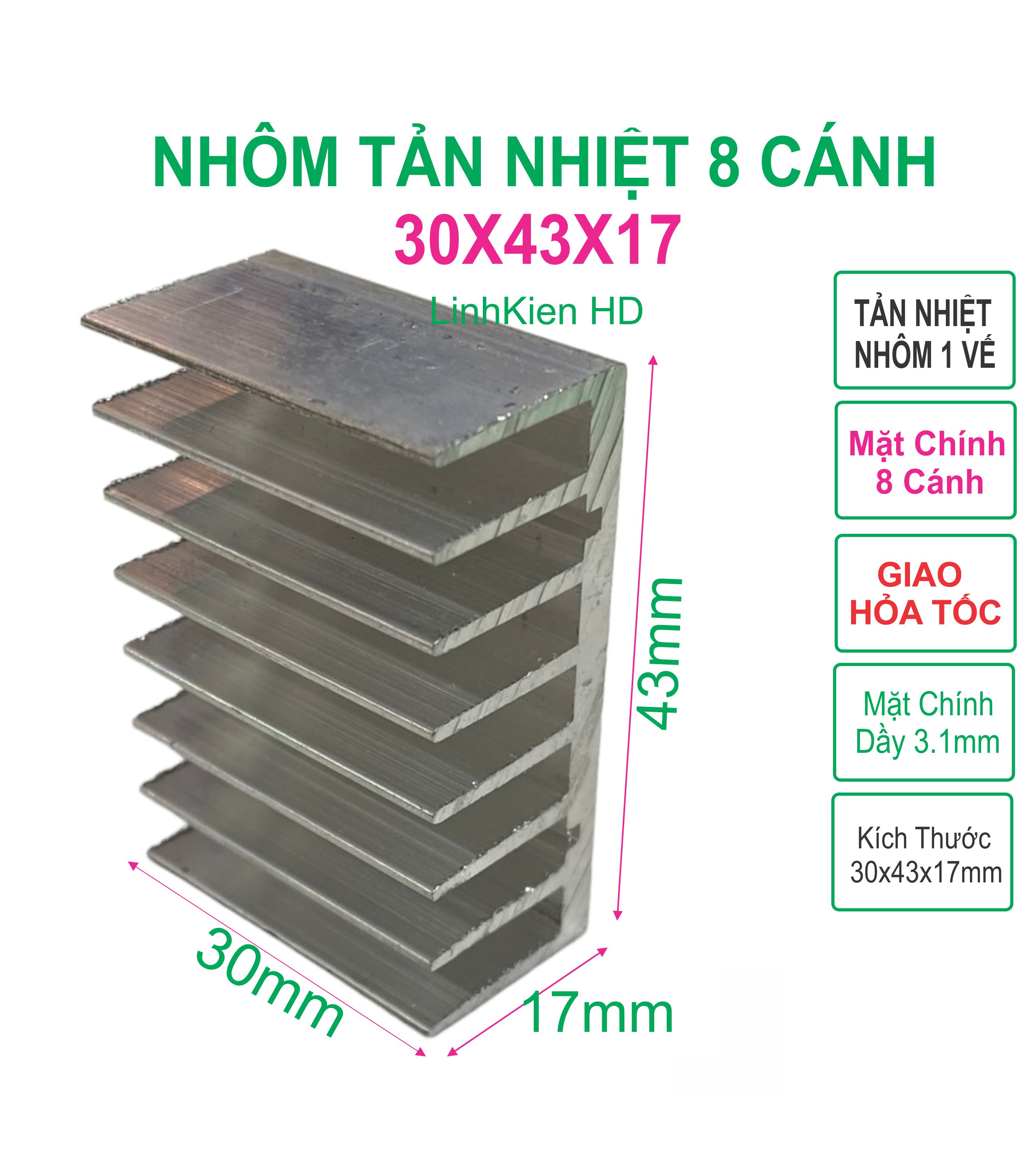 Combo 10 nhôm tản nhiệt 8 cánh 30x43x17mm - nhôm máy 4fet - linkien hd
