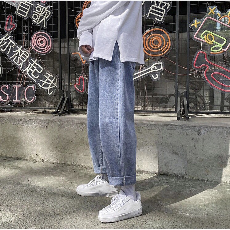 Quần Baggy Jeans Nam Đen Trơn Dáng Đứng Ống Rộng Suông Phong Cách Trẻ Trung Năng Động