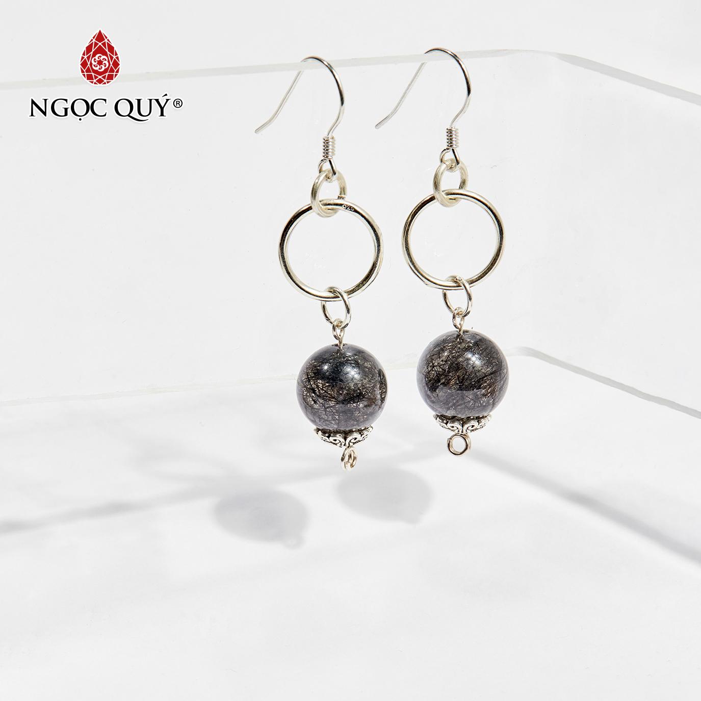 [HCM]Bông Tai Đá Thạch Anh Tóc Đen Mệnh Thuỷ Mộc 10mm (màu đen) - Ngọc Quý Gemstones