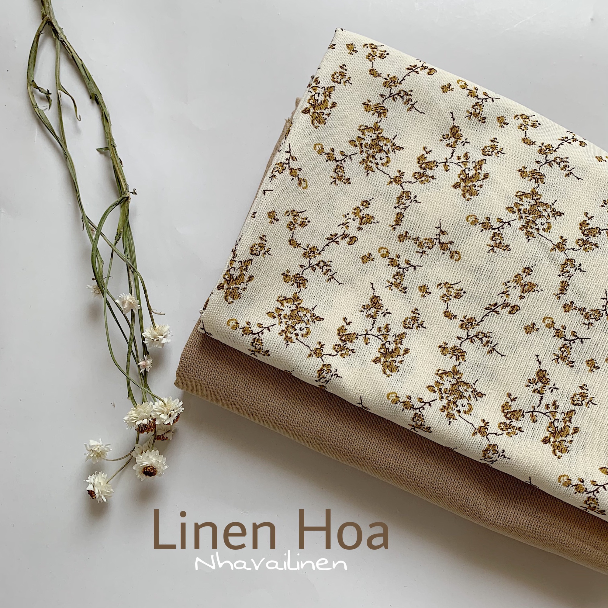 Vải linen bột in hoa dây nâu