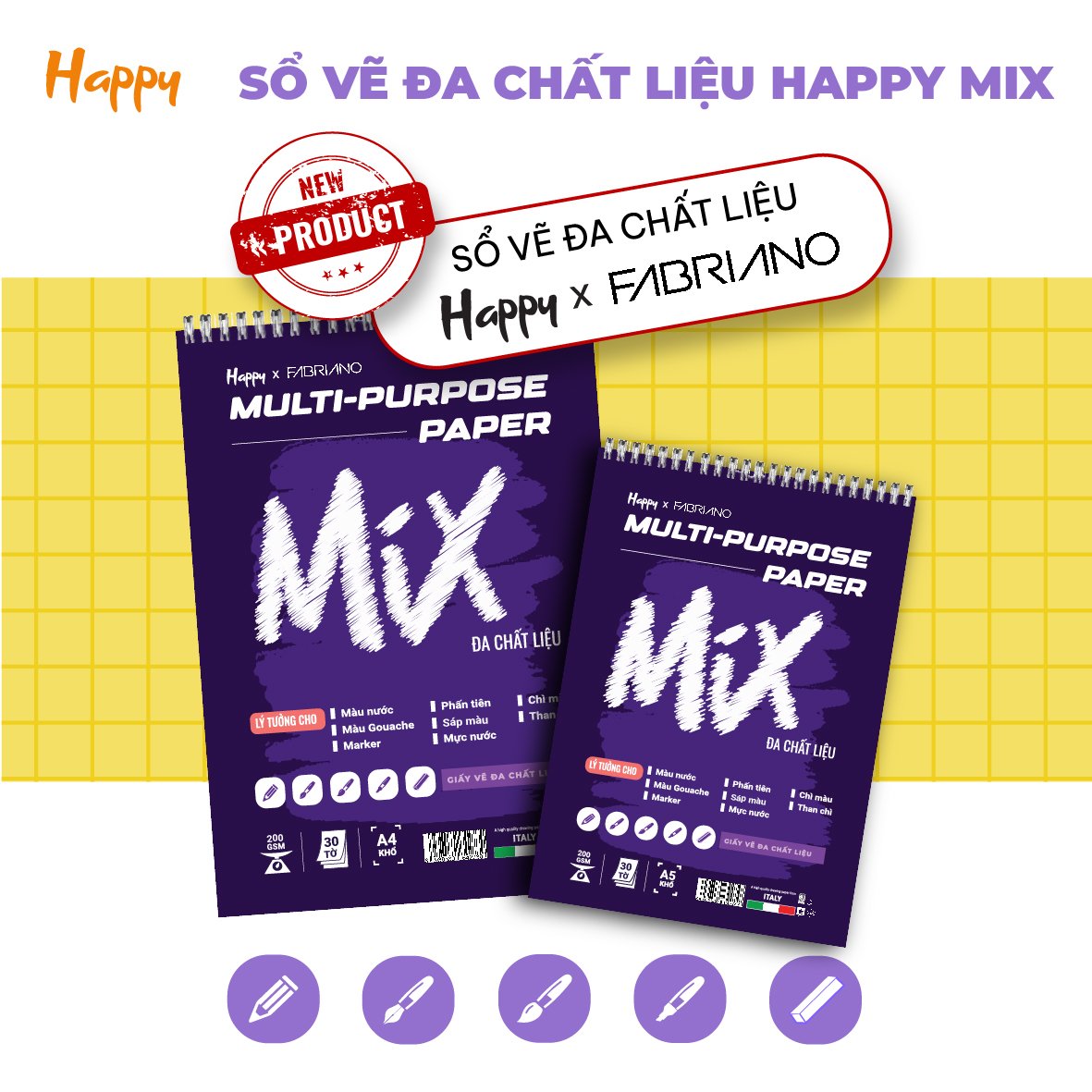 [DA ĐEN] Sổ Vẽ Đa Chất Liệu Happy Multi Purpose 200gsm 30 Tờ