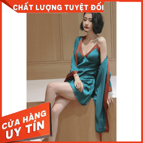 Set đầm ngủ lụa cao cấp mút ngực sẵn, váy ngủ lụa cao cấp kèm choàng