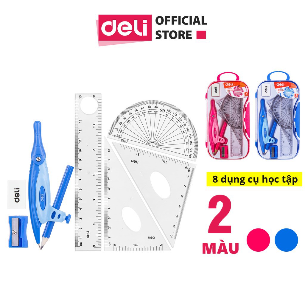 Bộ compa deli, hồng/xanh dương, gồm 8 dụng cụ/bộ - eg30204