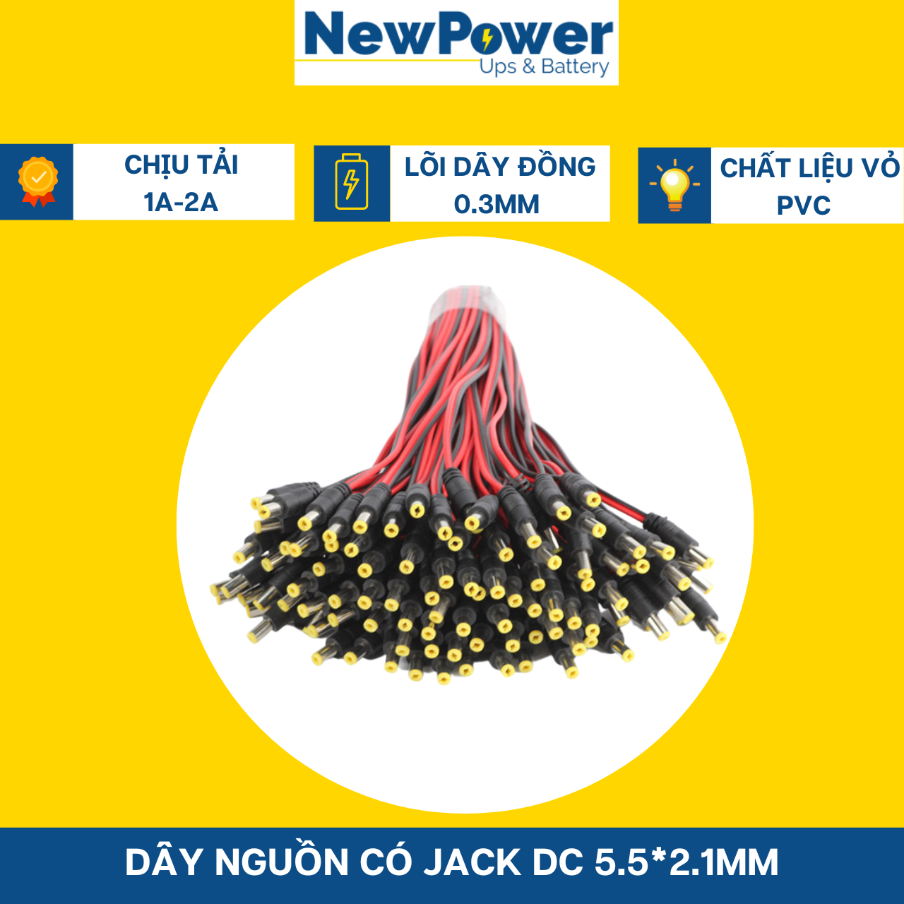 Dây nguồn có jack DC 5.5*2.1mm chịu tải 1V-2A (combo 4 dây đực)