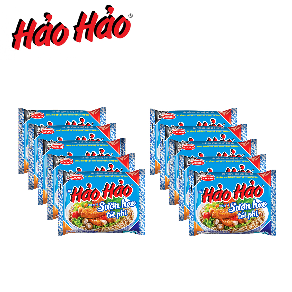Combo 10 gói mì sườn heo tỏi phi pork rib and fried garlic flavored noodle hảo hảo acecook
