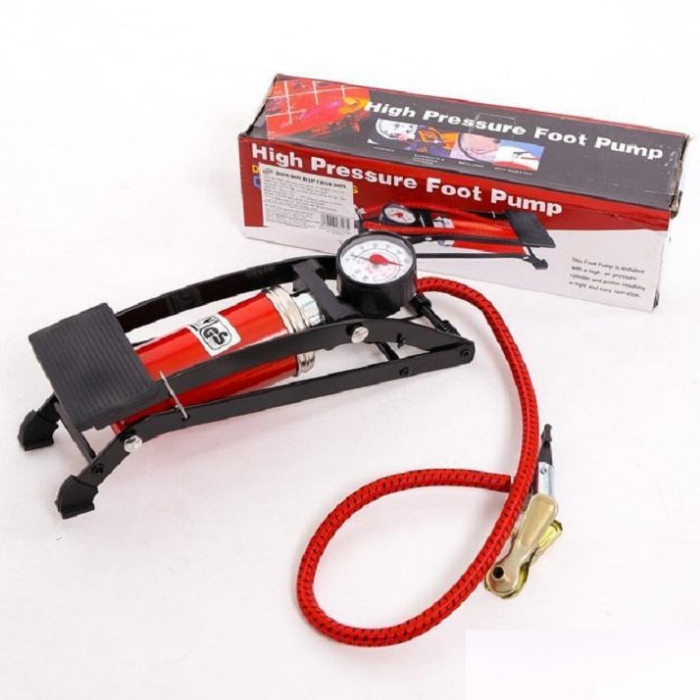 Bơm hợp kim nhôm loại đạp chân dùng cho xe đạp, xe máy, ô tô, có đồng hồ báo áp suất - HL