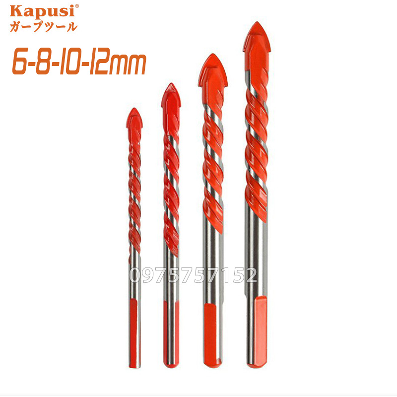 Bộ 4 mũi khoan đa năng 2 cạnh chân tam giác Kapusi cao cấp 12mm 10mm 8mm 6mm phù hợp khoan nhiều chất liệu – khoan gạch men, đá hoa, đá granit, nhựa, gỗ, thủy tinh, khoan kính, khoan gỗ, mũi khoan tường, mui khoan, mui khoan da nang
