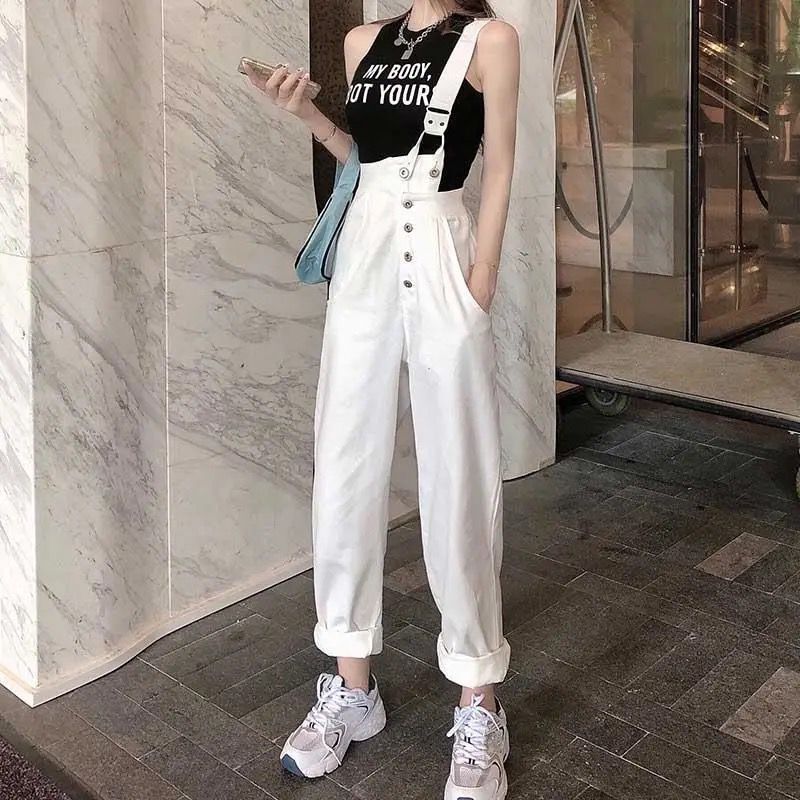 Quần Jean Nữ Quần Yếm Denim Jumpsuit Trắng Đen Quần Jean Cạp Cao Áo Liền Quần Jean Thẳng Giản Dị 2020 Mới