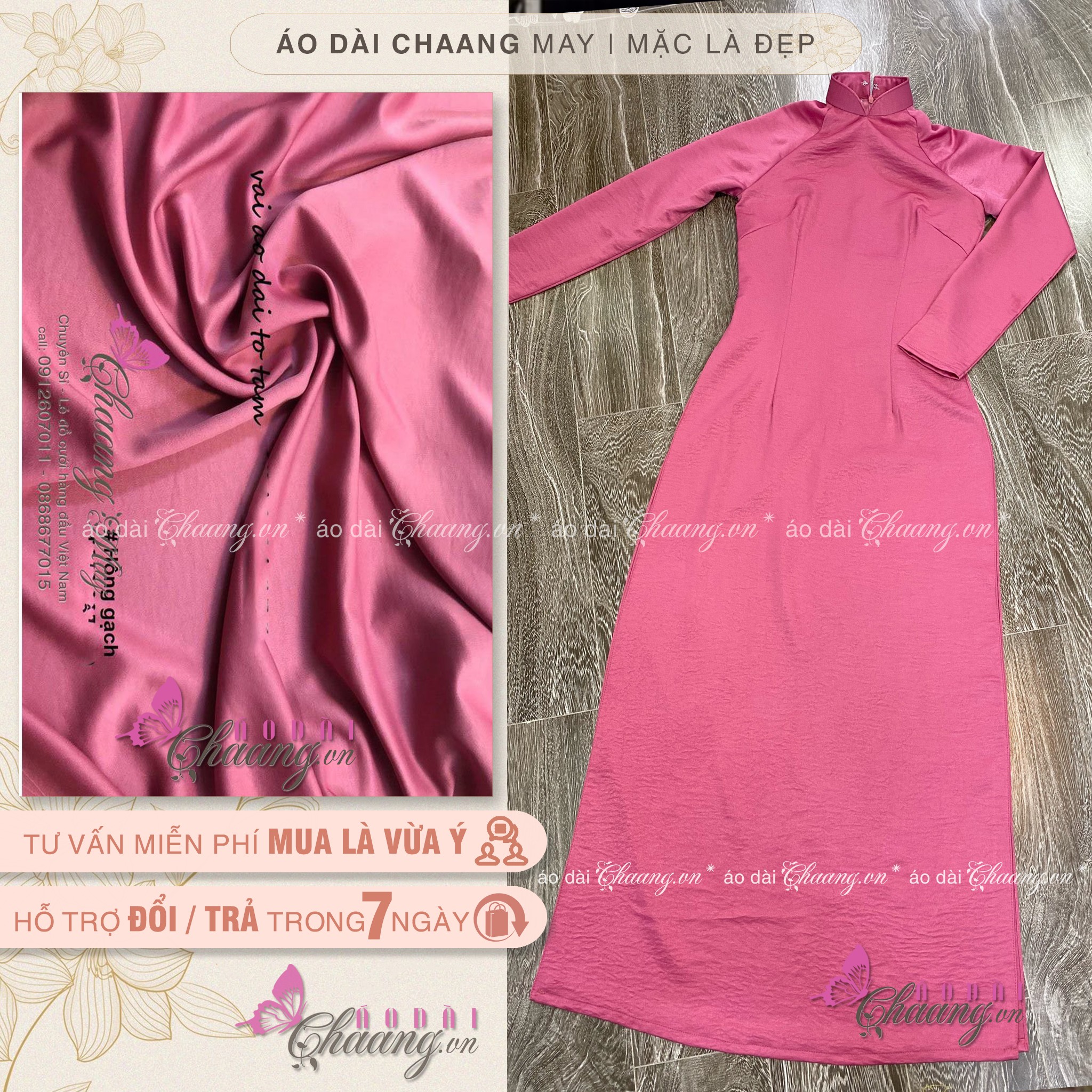 Áo dài truyền thống hồng đỗ CHAANG may sẵn áo dài tân thời, vải lụa tây thi cao cấp