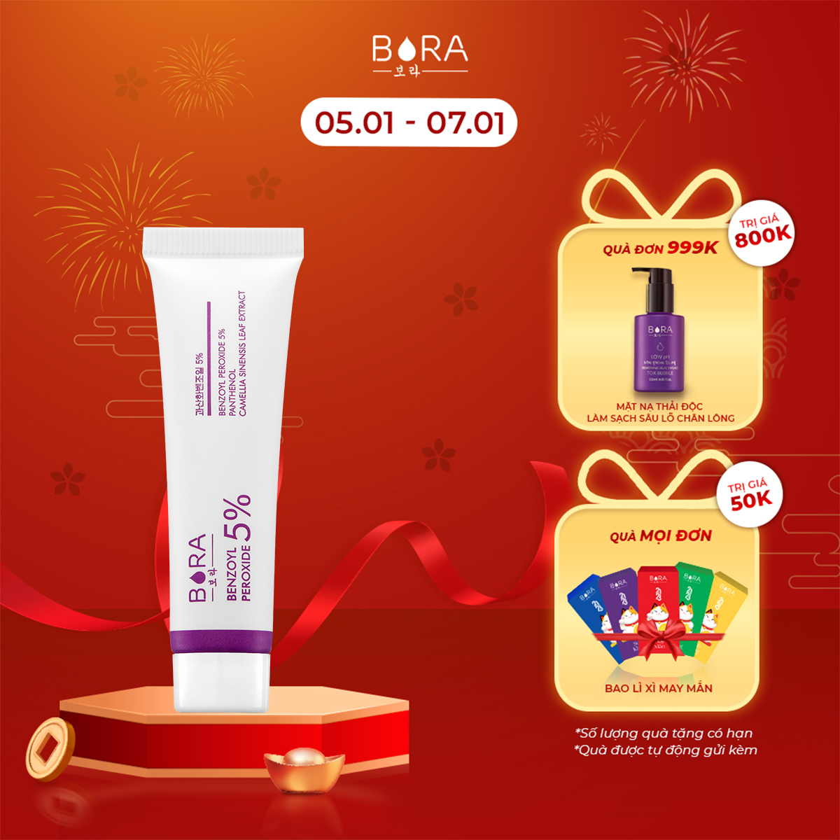 Gel chấm mụn cấp tốc Benzouyl Peroxide 5% Bora ngăn ngừa mụn viêm