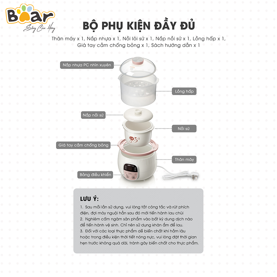 (BẢN QUỐC TẾ) NỒI NẤU CHÁO, NINH, HẦM, HẤP CÁCH THỦY BEAR 0.8L