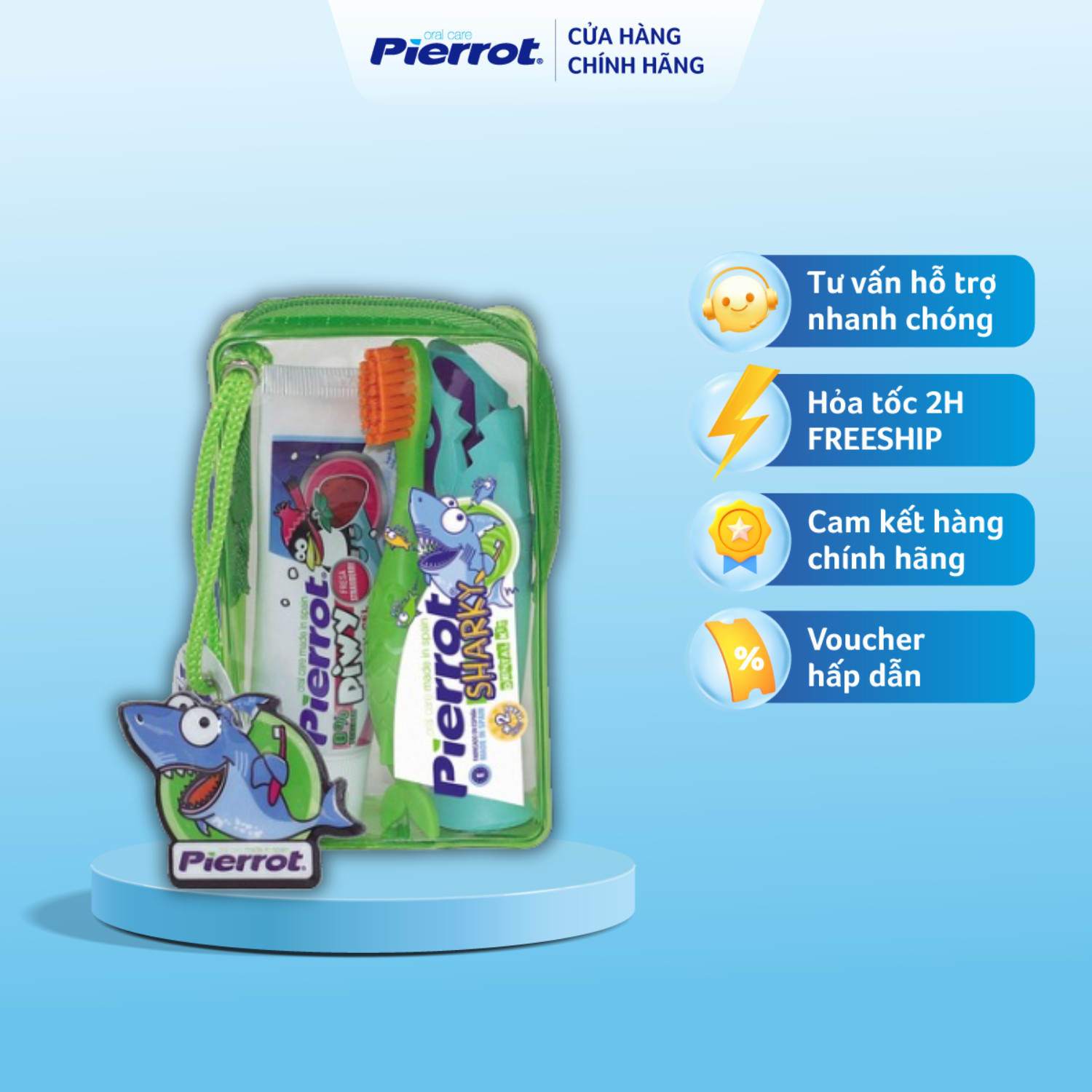 Set Bàn chải đánh răng trẻ em Pierrot SHARKY kèm túi nhựa