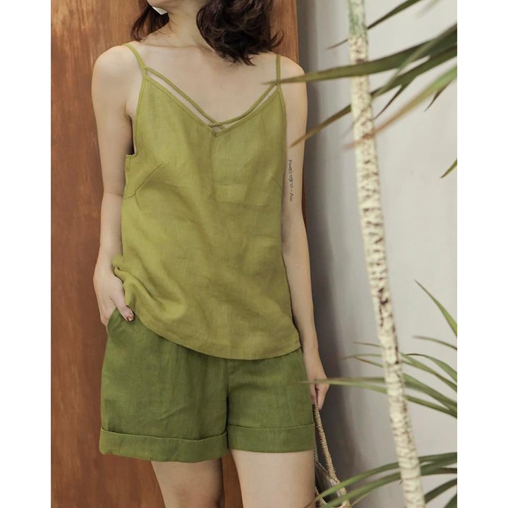 Áo 2 dây Linen tưng gân cổ tim dây đan chéo, chất vải Linen gân mềm mát thích hợp mùa hè