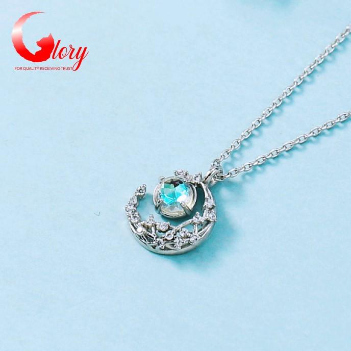 Italian Silver Women Necklace S925 moon blue turquoise beads -Cold silver necklace female cute high-end fashion G449734