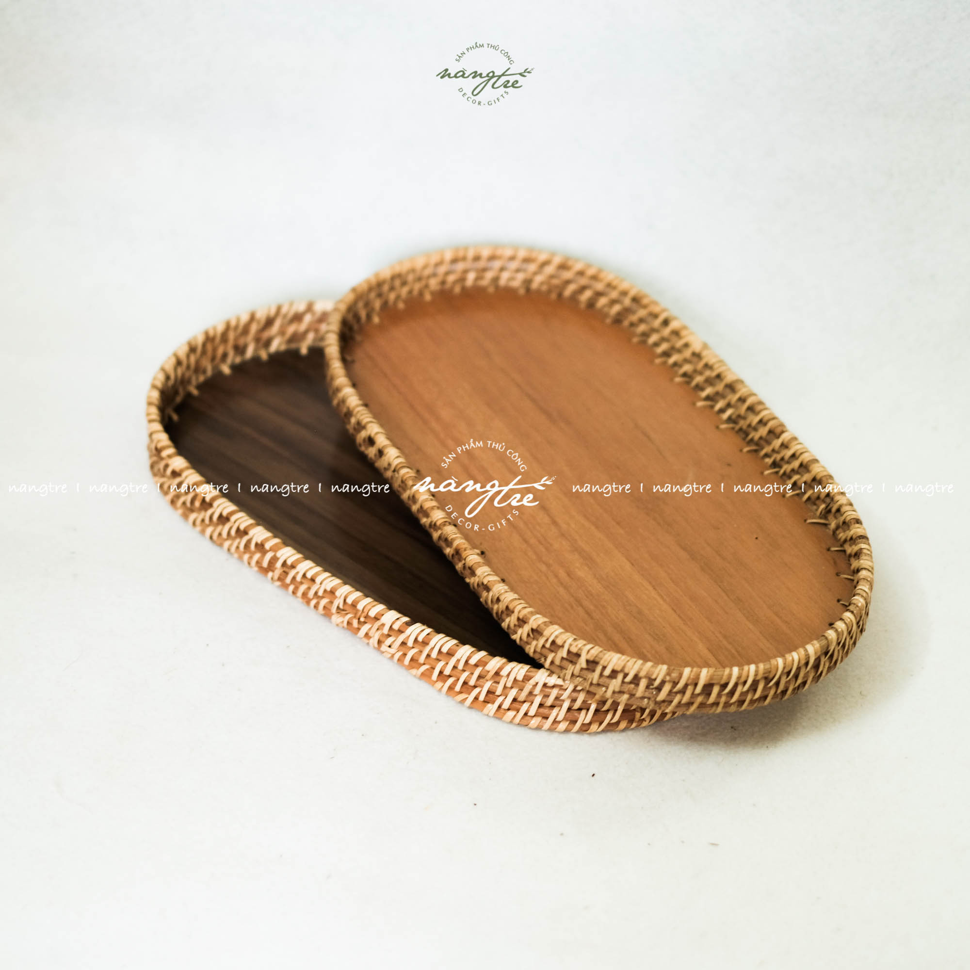 [HCM]Khay mây oval - Khay oval đế gỗ óc chó - Oval rattan tray