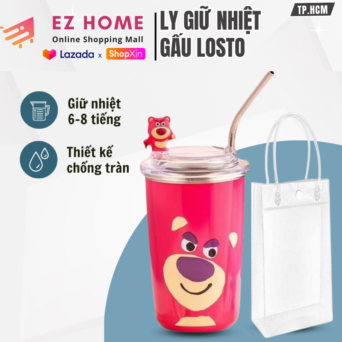 Ly Giữ Nhiệt Hình Hoạ Tiết Gấu Dâu Losto Siêu Xinh Lõi Inox 304 Dễ Thương 450ml Cao Cấp Giữ Nhiệt Nóng Lạnh Từ 8-12 Giờ Kèm Ống Hút Bằng Thép Không Gỉ