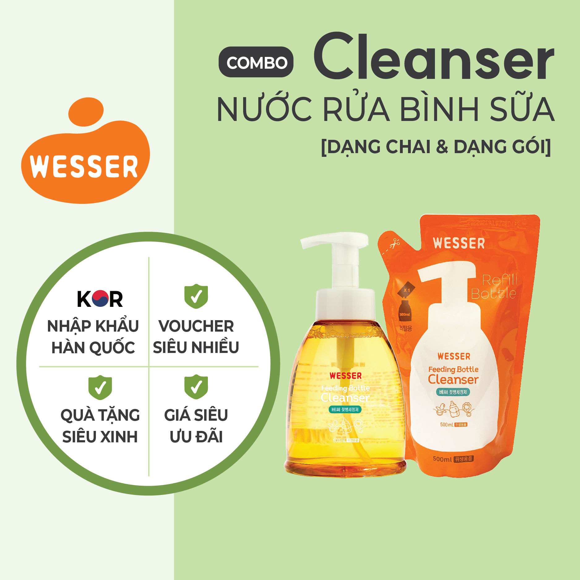 Bộ 1 chai và 1 gói nước rửa bình sữa Wesser 500ml ( Nhập khẩu)