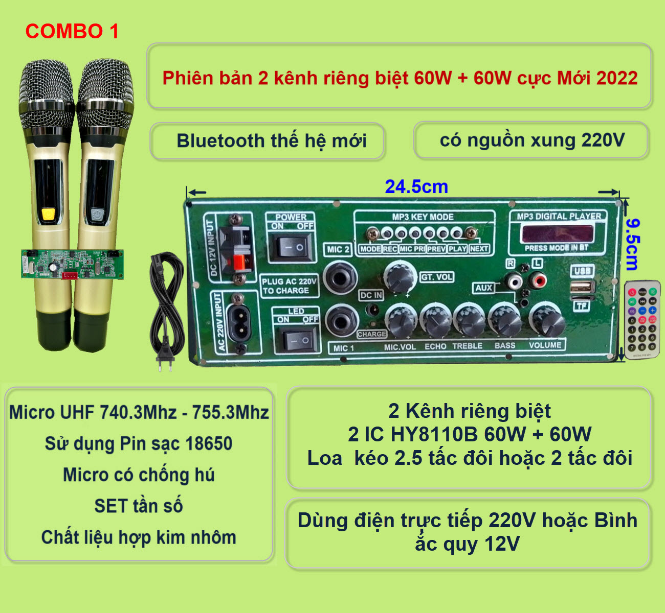 Mạch loa kéo 2 kênh riêng biệt 2 IC HY8110B 60W + 60W có nguồn xung 220V – Bluetooth thế hệ mới kèm micro đôi