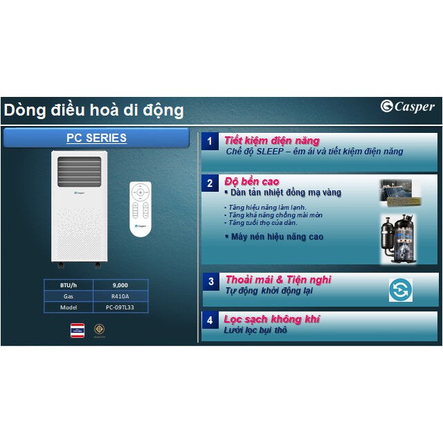 [HCM]Máy lạnh di động Casper PC-09TL33 (1.0 HP) (Miễn phí giao tại HCM-ngoài tỉnh liên hệ shop)