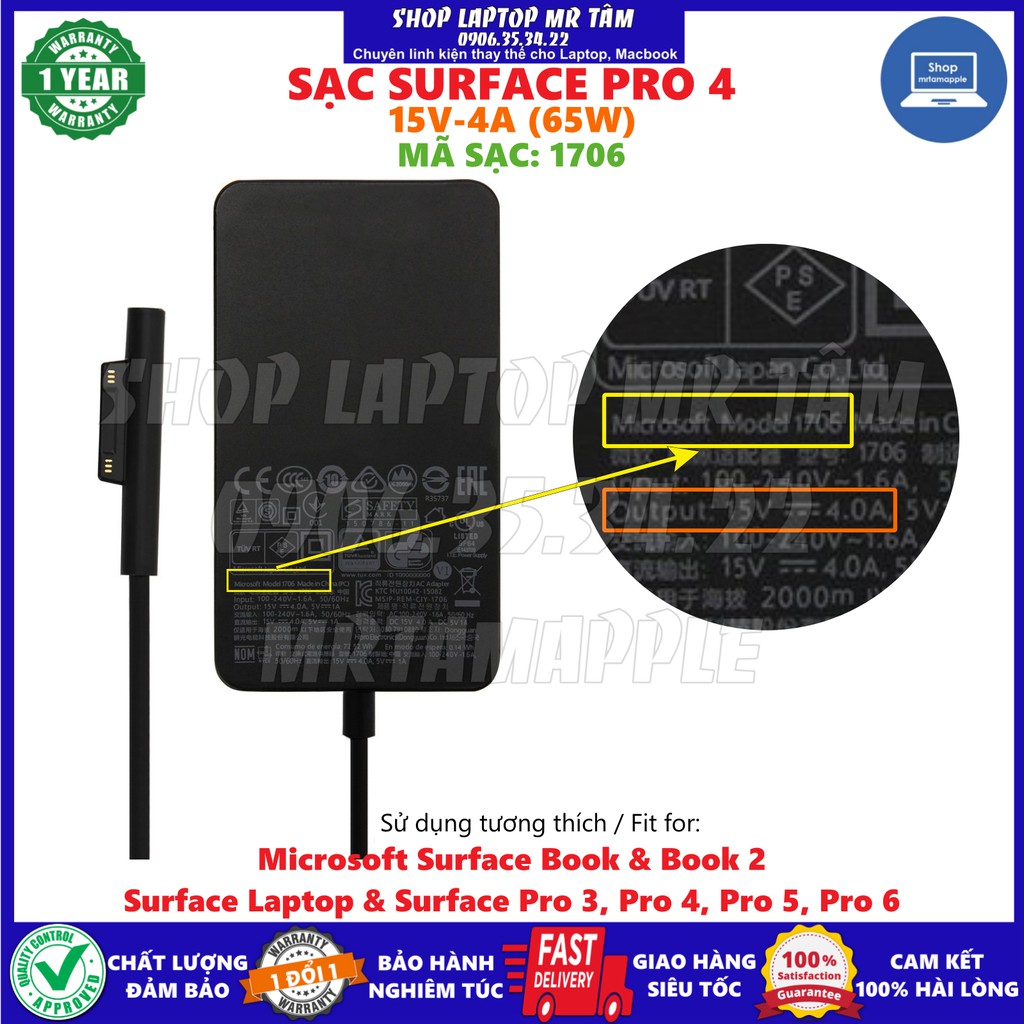 SẠC SURFACE PRO 4 5 6 7 15V-4A (65W) (SẠC ZIN) - mã sạc 1706