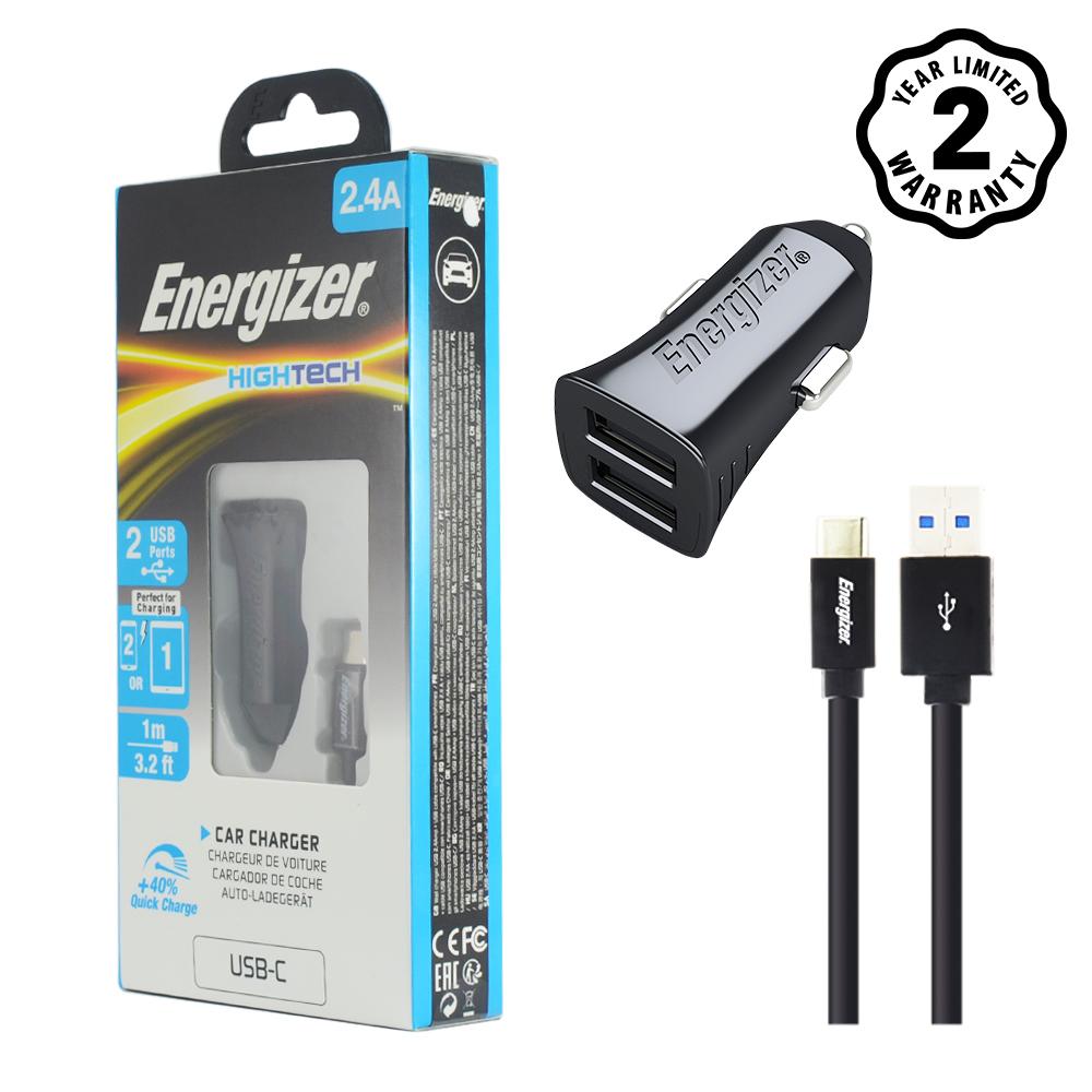 Sạc ô-tô Energizer 2.4A 2USB màu đen kèm cáp USB-C2.0 - DCA2BHC23