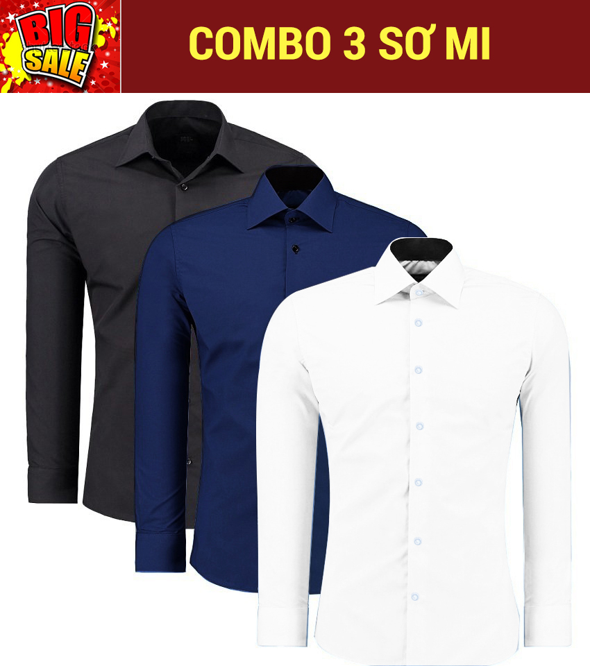 Áo sơ mi nam tay dài COMBO 3 (đen + xanh đậm + trắng) đẳng cấp