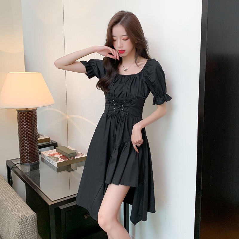 Đầm suông dáng dài cổ vuông lệch tầng đan dây eo xinh xắn/ Váy xòe nữ trễ vai mặc 2 kiểu phong cách ulzzang - xuongmaythaothuy