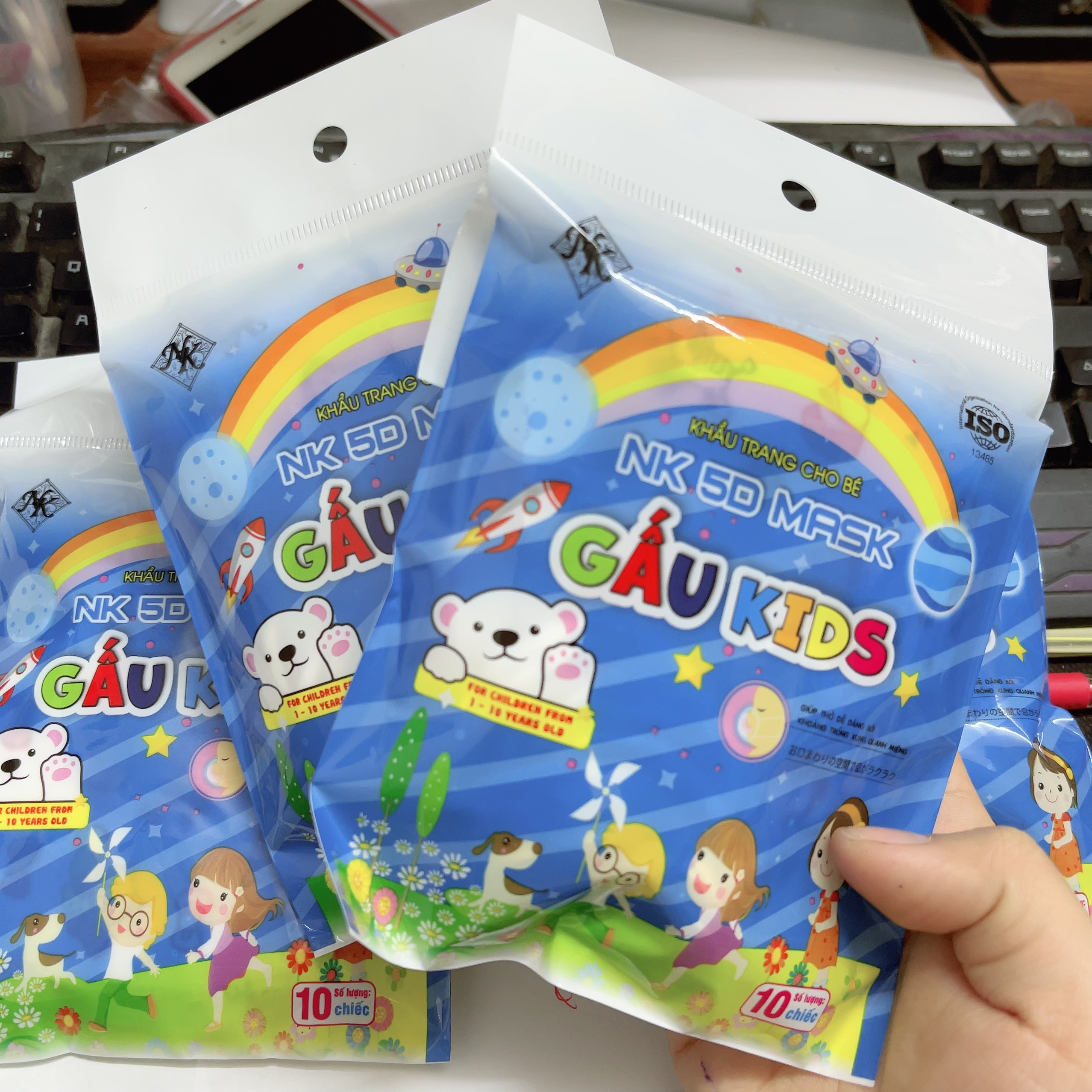 Gói 10 Khẩu Trang Trẻ Em 5D Mask Gấu Kids Thiết Kế Ôm Mặt, Thoáng Khí 1-10 tuổi