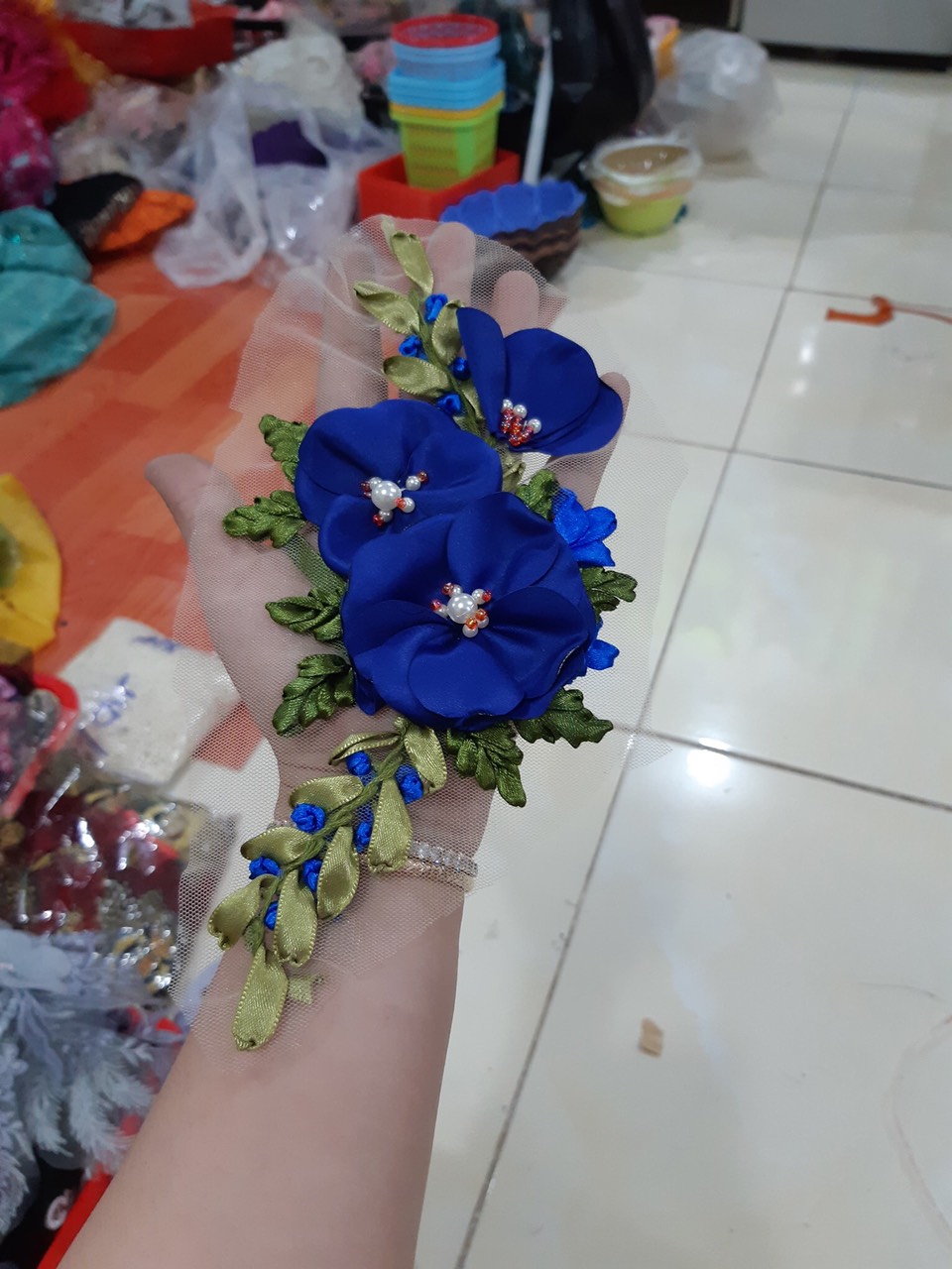 [Ảnh thật] [Có sẵn] hoa thêu ruy băng trà