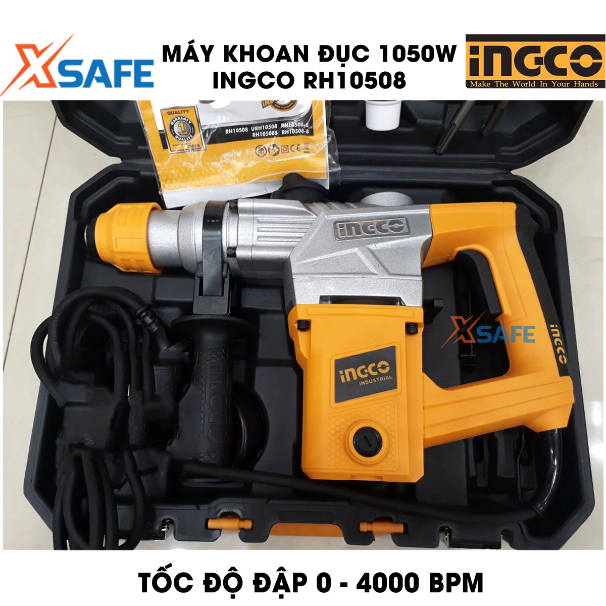 Máy khoan búa cầm tay 3 chức năng 1050w Ingco RH10508 đầu khoan gài sds, tốc độ 900rpm; tốc độ đập 4000bpm, lực đập 5j, khả năng khoan bê tông 28 mm, đục 14mm, thép 13mm, kèm 3 mũi khoan gài, 2 mũi đục Máy khoan đ