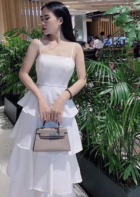 [HCM]Đầm hai dây Maxi trắng 4 tầng