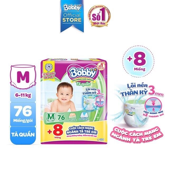 ( Cộng 6/8 miếng ) Bỉm Bobby dán size M76,L68,Xl62, Xxl56 mới nhất.