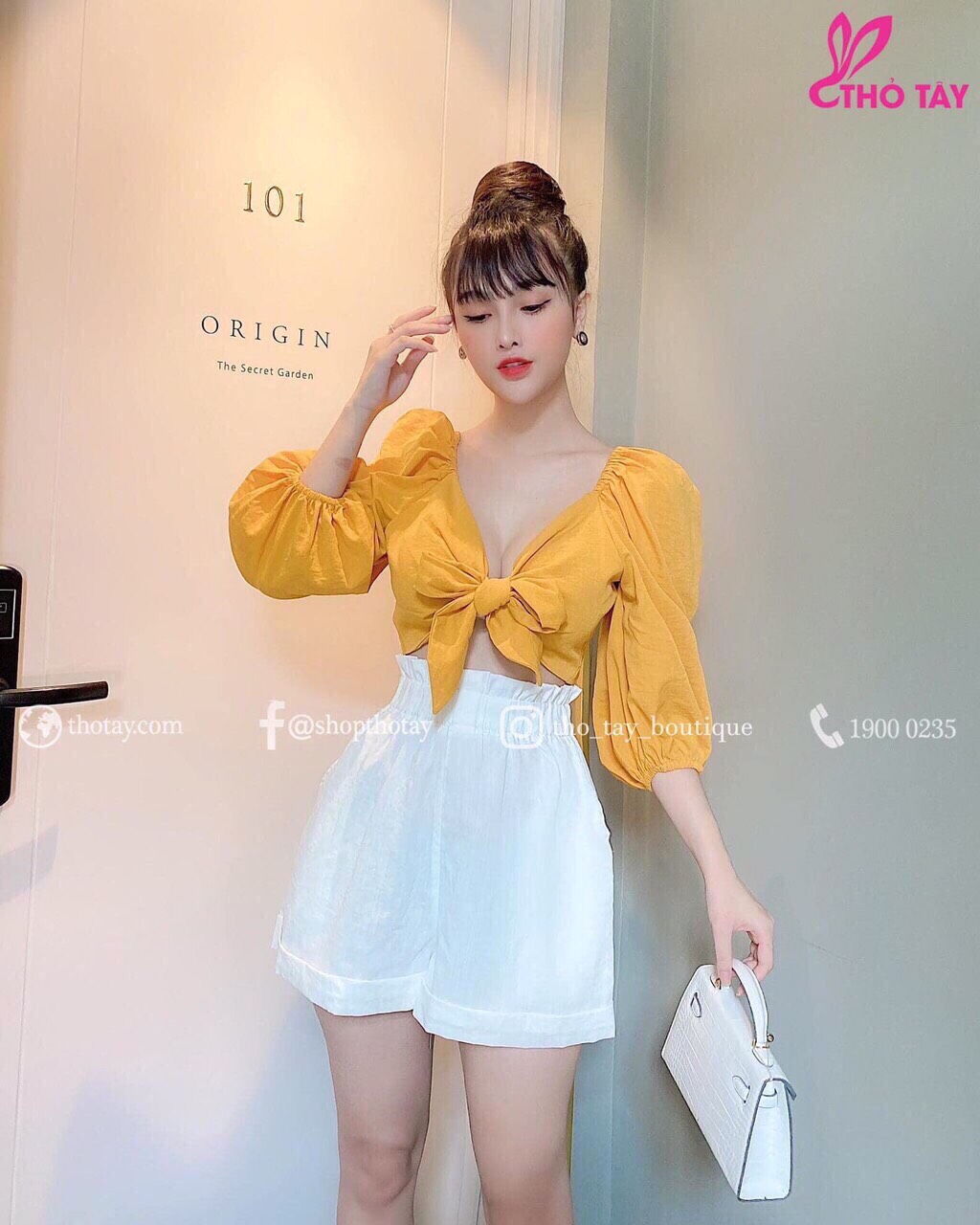 Set bộ nữ áo croptop tay lỡ cột nơ ngực quần đùi