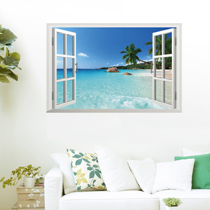 [HCM]Decal dán tường hình cửa sổ bãi biển