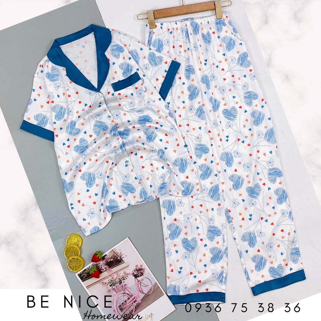 Set pijama lụa mặc nhà cổ phối màu tay ngắn quần dài